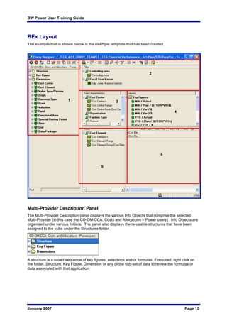 BW Power User Training Guide
January 2007 Page 15
BEx Layout
The example that is shown below is the example template that has been created.
Multi-Provider Description Panel
The Multi-Provider Description panel displays the various Info Objects that comprise the selected
Multi-Provider (in this case the CO-OM-CCA: Costs and Allocations – Power users). Info Objects are
organised under various folders. The panel also displays the re-usable structures that have been
assigned to the cube under the Structures folder.
A structure is a saved sequence of key figures, selections and/or formulas, if required, right click on
the folder, Structure, Key Figure, Dimension or any of the sub-set of data to review the formulas or
data associated with that application.
1
2
3
4
5
6
 