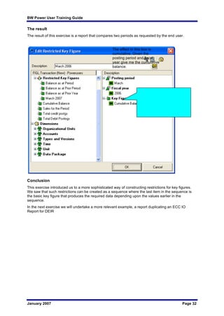 BW Power User Training Guide
January 2007 Page 32
The result
The result of this exercise is a report that compares two periods as requested by the end user.
Conclusion
This exercise introduced us to a more sophisticated way of constructing restrictions for key figures.
We saw that such restrictions can be created as a sequence where the last item in the sequence is
the basic key figure that produces the required data depending upon the values earlier in the
sequence.
In the next exercise we will undertake a more relevant example, a report duplicating an ECC IO
Report for DEIR
The effect in this box is
cumulative. Given the
posting period and fiscal
year give me the cumulative
balance.
 