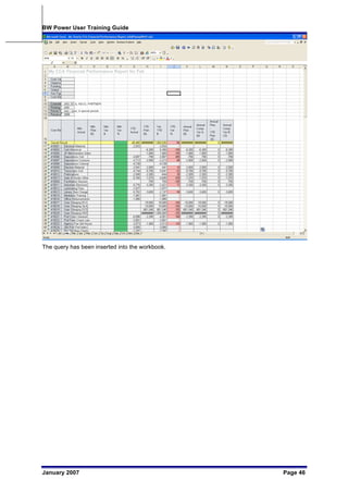 BW Power User Training Guide
January 2007 Page 46
The query has been inserted into the workbook.
 