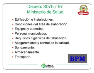 Decreto 3075 / 97
          Ministerio de Salud
y Edificación e instalaciones.
y Condiciones del área de elaboración.
y Equipos y utensilios.
y Personal manipulador.
y Requisitos higiénicos de fabricación.
y Aseguramiento y control de la calidad.
y Saneamiento.
y Almacenamiento.
y Transporte.
                                           BPM
 