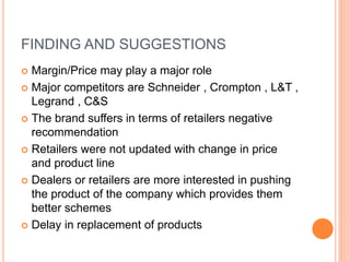 FINDING AND SUGGESTIONS
 Margin/Price may play a major role
 Major competitors are Schneider , Crompton , L&T ,
Legrand , C&S
 The brand suffers in terms of retailers negative
recommendation
 Retailers were not updated with change in price
and product line
 Dealers or retailers are more interested in pushing
the product of the company which provides them
better schemes
 Delay in replacement of products
 