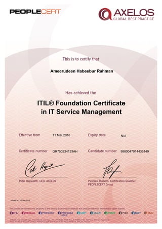 Ameerudeen Habeebur Rahman
ITIL® Foundation Certificate
in IT Service Management
11 Mar 2016
GR750234133AH 9980047014436149
Printed on 10 May 2016
N/A
 