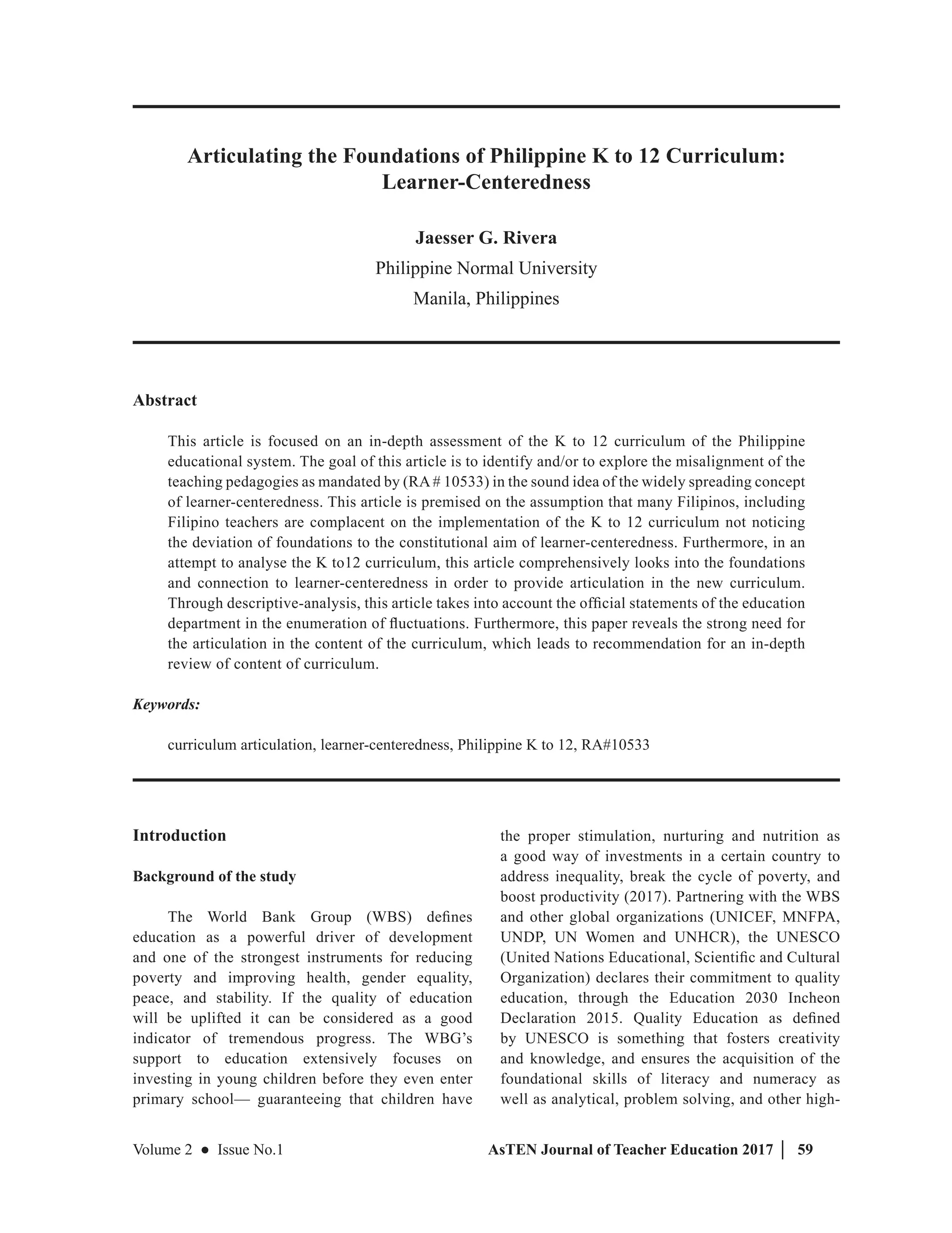 Articulating the Foundations of Philippine K to 12 Curriculum: Learner ...