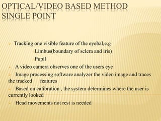 OPTICAL/VIDEO BASED METHOD
SINGLE POINT
 Tracking one visible feature of the eyebal,e.g
oLimbus(boundary of sclera and iris)
oPupil
 A video camera observes one of the users eye
 Image processing software analyzer the video image and traces
the tracked features
 Based on calibration , the system determines where the user is
currently looked
 Head movements not rest is needed
 