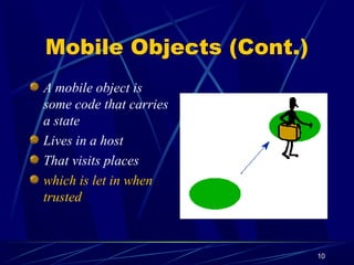 10
Mobile Objects (Cont.)
A mobile object is
some code that carries
a state
Lives in a host
That visits places
which is let in when
trusted
 