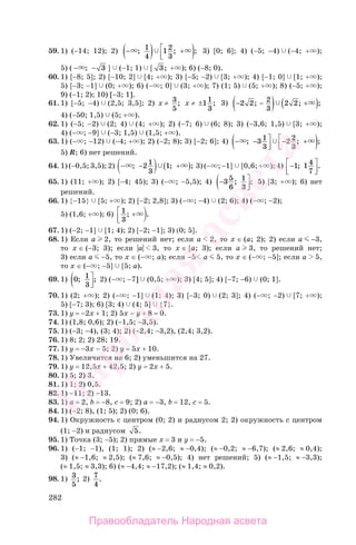 282
59. 1) (−14; 12); 2) −( ) +⎡
⎣⎢ ); ; ;1
4
12
3
3) [0; 6]; 4) (−5; −4) (−4; + );
5) ( − −; 3 ] (−1; 1) [ 3; + ); 6) (−8; 0).
60. 1) [−8; 5]; 2) [−10; 2] [4; + ); 3) [−5; −2) [3; + ); 4) [−1; 0] [1; + );
5) [−3; −1] (0; + ); 6) (− ; 0] (3; + ); 7) (1; 5) (5; + ); 8) (−5; + );
9) (−1; 2); 10) [−3; 1].
61. 1) [−5; −4) (2,5; 3,5]; 2) х ≠ 3
5
; х ≠ ±11
3
; 3) − −( ) +( )2 2 2
3
2 2; ; ;
4) (−50; 1,5) (5; + ).
62. 1) (−5; −2) (2; 4) (4; + ); 2) (−7; 6) (6; 8); 3) (−3,6; 1,5) [3; + );
4) (− ; −9] (−3; 1,5) (1,5; + ).
63. 1) (− ; −12) (−4; + ); 2) (−2; 8); 3) [−2; 6]; 4) − −( ⎤
⎦⎥
− +⎡
⎣⎢ ); ; ;31
3
2 2
3
5) R; 6) нет решений.
64. 1) (−0,5; 3,5); 2) − − +( ); ; ;21
3
1 3) (− ; −1] [0,6; + ); 4) −⎡
⎣⎢
⎤
⎦⎥
1 14
7
; .
65. 1) (11; + ); 2) [−4; 45); 3) (− ; −5,5); 4) −( ⎤
⎦⎥
35
6
1
3
; ; 5) [3; + ); 6) нет
решений.
66. 1) {−15} [5; + ); 2) [−2; 2,8]; 3) (− ; −4) (2; 6); 4) (− ; −2);
5) (1,6; + ); 6) 1
3
; .+⎡
⎣⎢
67. 1) (−2; −1] [1; 4); 2) [−2; −1]; 3) (0; 5].
68. 1) Если а 2, то решений нет; если а 2, то х ∈ (а; 2); 2) если а −3,
то х ∈ (−3; 3); если |a| 3, то х ∈ [а; 3); если а 3, то решений нет;
3) если а −5, то х ∈ (− ; а); если −5 a 5, то х ∈ (− ; −5]; если а 5,
то х ∈ (− ; −5] [5; а).
69. 1) 0 1
3
; ;( ⎤
⎦⎥
2) (− ; −7] (0,5; + ); 3) [4; 5]; 4) [−7; −6) (0; 1].
70. 1) (2; + ); 2) (− ; −1] (1; 4); 3) [−3; 0) (2; 3]; 4) (− ; −2) [7; + );
5) [−7; 3); 6) [3; 4) (4; 5] {7}.
73. 1) у = −2х + 1; 2) 5х − у + 8 = 0.
74. 1) (1,8; 0,6); 2) (−1,5; −3,5).
75. 1) (−3; −4), (3; 4); 2) (−2,4; −3,2), (2,4; 3,2).
76. 1) 8; 2; 2) 28; 19.
77. 1) у = −3х − 5; 2) у = 5х + 10.
78. 1) Увеличится на 6; 2) уменьшится на 27.
79. 1) у = 12,5х + 42,5; 2) у = 2х + 5.
80. 1) 5; 2) 3.
81. 1) 1; 2) 0,5.
82. 1) −11; 2) −13.
83. 1) а = 2, b = −8, c = 9; 2) а = −3, b = 12, c = 5.
84. 1) (−2; 8), (1; 5); 2) (0; 6).
94. 1) Окружность с центром (0; 2) и радиусом 2; 2) окружность с центром
(1; −2) и радиусом 5.
95. 1) Точка (3; −5); 2) прямые х = 3 и y = −5.
96. 1) (−1; −1), (1; 1); 2) (≈ −2,6; ≈ −0,4); (≈ −0,2; ≈ −6,7); (≈ 2,6; ≈ 0,4);
3) (≈ −1,6; ≈ 2,5); (≈ 7,6; ≈ −0,5); 4) нет решений; 5) (≈ −1,5; ≈ −3,3);
(≈ 1,5; ≈ 3,3); 6) (≈ −4,4; ≈ −17,2); (≈ 1,4; ≈ 0,2).
98. 1) 3
5
; 2) 7
4
.
Правообладатель Народная асвета
Народная
асвета
 