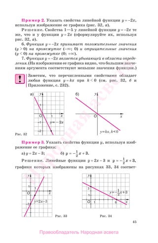 45
Пример 2. Указать свойства линейной функции у = −2х,
используя изображение ее графика (рис. 32, а).
Решение. Свойства 1—5 у линейной функции у = −2х те
же, что и у функции у = 2х (сформулируйте их, используя
рис. 32, а).
6. Функция у = −2х принимает положительные значения
(у 0) на промежутке (− ; 0) и отрицательные значения
(у 0) на промежутке (0; + ).
7. Функция у = −2х является убывающей в области опреде-
ления. (На изображении ее графика видно, что большим значе-
ниям аргумента соответствуют меньшие значения функции.)
Заметим, что перечисленными свойствами обладает
любая функция y = kx при k 0 (см. рис. 32, б и
Приложение, с. 232).
Рис. 32
Пример 3. Указать свойства функции у, используя изоб-
ражение ее графикa:
а) у = 2х − 3; б) y x= − +1
2
3.
Решение. Линейные функции у = 2х − 3 и y x= − +1
2
3,
графики которых изображены на рисунках 33, 34 соответ-
Рис. 33 Рис. 34
Правообладатель Народная асвета
Народная
асвета
 