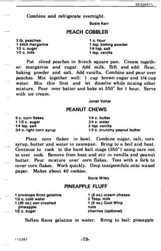 DESSERTS
Combine and refrigerate overnight.
Susie Karr
PEACH COBBLER
2lb.peaches 1 c. flour
1 stick margarine 1 tsp. baking powder
1/2 c. sugar 1/4 tsp. salt
1/2 c. milk 1 tsp. vanilla
Put sliced peaches in 8-inch square pan. Cream togeth­
er: margarine and sugar. Add milk. Sift and add: flour,
baking powder and salt. Add vanilla. Combine and pour over
peaches. Mix together well: 1 cup brown sugar and 1/4 cup
water. Mix this fIrst and let dissolve while mixing other
mixture. Pour over batter and bake at 350
0
for 1 hour. Serve
with ice cream.
Janet Vohar
PEANUT CHEWS
9 c. corn flakes 1/4 c. butter
1 1/2 c. sugar 3/4 c. water
1/4 tsp. salt 2 tsp. vanilla
314 c. light corn syrup 1/2 c. crunchy peanut butter
Place com flakes in bowl. Combine sugar, salt, corn
syrup, butter and water in saucepan. Bring to a boil and heat.
Continue to cook to the hard ball stage (250
0
using care not)
to over cook. Remove from heat and stir in vanilla and peanut
butter. Pour mixture over com flakes. Toss with a fork to
cover corn flakes. Work quickly. Drop teaspoonfuls onto waxed
paper. Makes about 40 cookies.
Doris Wiley
PINEAPPLE FLUFF
1 envelope Knox gelatine 1 (8 Oz.) cream cheese
1/2 c. cold water 2 Tbsp. milk
1 (20 Oz.) can crushed 1 (9 Oz.) Cool Whip
pineapple nuts
112 c. sugar cherries (optional)
Soften Knox gelatine in water. Bring to boil: pineapple
, '2287 -79­
 