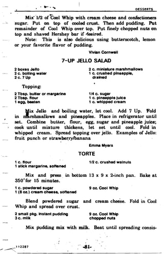 DESSERTS
Mix'"
.'
1/2 of
~
Cool Whip with cream cheese and confectioners
·sugar. Put on top of cooled crust. Then add pudding. Put
remainder of Cool Whip over top. Put finely chopped nuts on
top and shaved Hershey bar if fiesired.
Note: This is also delicious using butterscotch, lemon
or your favorite flavor of pudding.
Vivian Cornwell
7-UP JELLO SALAD
2 boxes Jello 2 c. mlntature marshmallows
2 c. boiling water 1 c. crushed pineapple,
2c. 7 Up drained
Topping:
2 Tbsp. butter or margarine 1/4 Co sugar
2 Tbsp. flour 1 c. pineapple Juice
1 egg, beaten 1 c. whipped cream
Jix JeUo and boiling water, let cool. Add 7 Up. 'Fold
in rshmallows and pineapples. Place in refrigerator until
set. Combine butter, flour, egg, sugar and pineapple juice;
cook until mixture thickens, let set until cool. Fold'in
whipped cream. Spread topping over jello. Examples of Jello:
fruit punch or strawber:rylbanana
Emma Myers
TORTE
1 c. flour 112 c. crushed walnuts
1 slick margarine, sottened
Mix and .press. in bottom 13 x 9 x 2-inch pan. Bake at
350
o
for 15 minutes.
1 c. powdered sugar 9 oz. Cool Whip
1 (8 oz.) cream cheese, softened
Blend powdered sugar and cream cheese. Fold in Cool
Whip and spread over crust.
2 small pkg. Instant pudding 9 oz. Cool Whip
3 c. milk chopped nuts
Mix pudding mix with milk. Beat until spreading consis­
112287 :··..u.· .~~ .
 