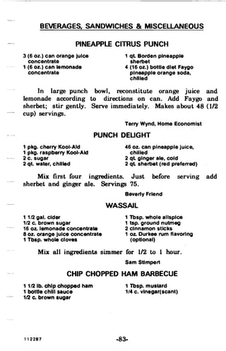 BEVERAGES, SANDWICHES & MISCElLANEOUS

PINEAPPLE CITRUS PUNCH

3 (6 oz.) can orange Juice
concentrate
1 (6 oz.) can lemonade
concentrate
1 ql Borden pineapple
sherbet
4 (16 oz.) bottle diet Faygo
pineapple orange soda,
chilled
In large punch bowl,
lemonade according to
reconstitute orange
directions on can. Add
juice
Faygo
and
and
sherbet; stir gently. Serve immediately. Makes about 48 (1/2
cup) servings.
Terry Wynd, Home Economist
PUNCH DEUGHT
1 pkg. cherry Kool-Ald 46 oz. can pineapple juice,

1 pkg. raspberry Kool-AId chilled

2 c. sugar 2 ql ginger ale, cold

2 qt. water, chilled 2 ql sherbet (red preferred)

Mix first four ingredients. Just before serving add
sherbet and ginger ale. Servings 75.
Beverly Friend
WASSAIL
1 1/2 gal. cider 1 Tbsp. whole allspice
1/2 c. brown sugar 1 tsp. ground nutmeg
16 oz. lemonade concentrate 2 cinnamon sticks
8 oz. orange Juice concentrate 1 oz. Durkee rum flavoring
1 Tbsp. whole cloves (optional)
Mix all ingredients simmer for 1/2 to 1 hour.
Sam Stimpert
CHIP CHOPPED HAM BARBECUE
11/2lb. chip chopped ham 1 Tbsp. mustard
1 bottle chili sauce 1/4 c. vlnegar(scant)
1/2 c. brown sugar
112287 -83­
 