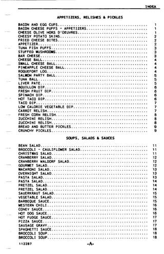 tNOU
APPETIZERS, RELISHES. PICKLES
BACON AND EGG CUPS. . . . . . . . . . . . . . . . . . . . . . . . . . . . . . . . . . . . . . . . . 1

BACON CHEES£ PUFFS - APPETIZERS........ 1

CHEESE OLIVE HORS D'OEUVRES................................ 1

CHEESY POTATO SKINS........................... . . . . . . . . . . . .. 2

FRIED CHEESE BITES......................................... 2

APPET I ZER. . . . . . . . . . . . . . . . . . . . . . . . . . . . . . . . . . . . . . . . . . . . . . . . . . 2

TUNA FISH PUFFS............................................ 3

STUFFED MUSHROOMS. . . . . . . . . . . . . . . . . . . . . . . . . . . . . . . . . . . . . . . . . . 3

BAR CHEESE............... . . . . . . . . . . . . . . . . . . . . . . . . . . . . . . . . . . 3

CHEESE BALL................................................ 4

SMALL CHEESE BALL.......................................... 4

PI NfAPPLE CHEESE BALL...................................... 4

ROQUEFORT LOG.............................................. 4

SALMON PARTY BALL.......................................... 5

TUNA BALL.................................................. 5

LIVER PATE................................................. 5

BOUILLON DIP.... . . . . . . . . . . . . . . . . . . . . . . . . . . . . . . . . . . . . . . . . . . . 6

FRESH FRUIT DIP............................................ 6

SPINACH DIP. . . . . . . . . . . . . . . . . . . . . . . . . . . . . . . . . . . . . . . . . . . . . . . . '6

HOT TACO DIP............................................... 6

TACO DIP................................................... 7

LOW CALORIE VEGETABLE DIP.................................. 7

CARROT RELISH.............................................. 7

FRESH CORN RELISH.......................................... 8

ZUCCHINI RELISH............................................ 8

ZUCCHINI RELISH............................................ 8

BREAD AND BUTTER PICKLES................ 9

CRUNCHY PICKLES............................................ 9

SOUPS, SALADS. SAUCES
BEAN SALAD. . . . . . . . . . . . . . . . . . . . . . . . . . . . . . . . . . . . . . . . . . . . . . . . . 11

BROCCOLI - CAULI FLOWER SALAD..................... . . . . . . . . . . 11

CHRISTMAS SALAD............................................ 11

CRANBERRY SALAD............................................ 12

CRANBERRY WALDORF SALAD.................................... 12

GOURMET SALAD.............................................. 12

MACARONI SALAD............................................. 13

OVERNIGHT SALAD............................................ 13

PASTA SALAD..... . . . . . . . . . . . . . . . . . . . . . . . . . . . . . . . . . . . . . . . . . . . ~3

PASTA SALAD..... . . . .. . . . . . . . . . . . . . . .. . . . . . . . . . . . . . .. . .. . . . . 14

PRETZEL SALAD.. . . . . . . . . . . . . . . . . . . . . . . . . . . . . . . . . . . . . . . . . . . . . 14

PRETZEL SALAD. . . . . . . . . . . . . . . . . . . . . . . . . . . . . . . . . . . . . . . . . . . . . . 14

SAUERKRAUT SALAD........................................... 15

VEGETABLE SALAD............................................ 15

BARBEQUE SAUCE............................................. 15

WESTERN CHILI. . . . . . . . . . . . . . . . . . . . . . . . . . . . . . . . . . . . . . . . . . . . . . 16

CONEY SAUCE................................................ 16

HOT DOG SAUCE... . . . . . . . . . . . . . . . . . . . . . . . . . . . . . . . . . . . . . . . . . . . 16

HOT FUDGE SAUCE............................................ 17

PIZZA SAUCE................................................ 17

SAUSAGE GRAVY : . . . . . . . . . . . 17

SPAGHETTI SAUCE............................................ 18

BRQCCOLI SOUP.............................................. 18

BROCCOLI SOUP.............................................. 18

112287 .}.
 