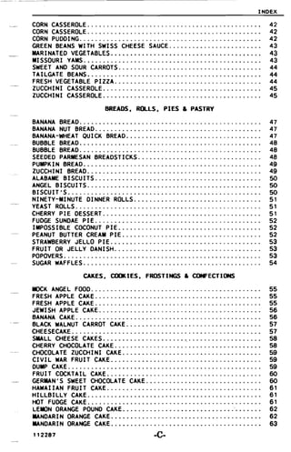 INDEX
CORN CASSEROLE.. . . . . . . . . . . . . . . . . . . . . . . . . . . . . . . . . . . . . . . . . . .. 42

CORN CASSEROLE.. . . . . . . . . . . . . . . . . . . . . . . . . . . . . . . . . . . . . . . . . . .. 42

CORN PUDDING. . . . . . . . . . . . . . . . . . . . . . . . . . . . . . . . . . . . . . . . . . . . . .. 42

GREEN BEANS WITH SWISS CHEESE SAUCE 43

MARINATED VEGETABLES............ . . . . . . . . . . . . . . . . . . . . . . . . . .. 43

MISSOURI yAMS.............................................. 43

SWEET AND SOUR CARROTS 44

TAILGATE BEANS............................................. 44

FRESH VEGETABLE PIZZA...................................... 44

ZUCCHINI CASSEROLE......................................... 45

ZUCCHINI CASSEROLE......................................... 45

BREADS, ROLLS, PIES & PASTRY
BANANA BREAD............................................... 47

BANANA NUT BREAD........................................... 47

BANANA-WHEAT QUICK BREAD................................... 47

BUBBLE BREAD............................................... 4B

BUBBLE BREAD............................................... 4B

SEEDED PARMESAN BREADSTICKS 48

PUMPK I N BREAD... . . . . . . . . . . . . . . . . . . . . . . . . . . . . . . . . . . . . . . . . . .. 49

ZUCCHINI BREAD............................................. 49

ALABAME BISCUITS........................................... 50

ANGEL BISCUITS............................................. 50

BISCUIT'S.................................................. 50

NINETY-MINUTE DINNER ROLLS 51

YEAST ROLLS. . . . . . . . . . . . . . . . . . . . . . . . . . . . . . . . . . . . . . . . . . . . . . .. 51

CHERRY PIE DESSERT . . . . . . . . . . . . . . . . . . . . . . . . . . . . . . . . . . . . . . . .. 51

FUDGE SUNDAE PIE........................................... 52

IMPOSSIBLE COCONUT PIE 52

PEANUT BUTTER CREAM PIE 52

STRAWBERRY JELLO PIE....... . . . . . . . . . . . . . . . . . . . . . . . . . . . . . . .. 53

FRUIT OR JELLY DANISH...... . . . . . . . . . . . . .. . . . . . . . . .. 53

POPOVERS , , 53

SUGAR WAFFLES. . . . . . . . . . . . . . . . . . . . . . . . . . . . . . . . . . . . . . . . . . . . .. 54

CAKES, COOKIES, FROSTINGS & CONFECTIONS
MOCK ANGEL FOOD............................................ 55

FRESH APPLE CAKE........................................... 55

FRESH APPLE CAKE... . . . . . . . . . . . . . . . . . . . . . . . . . . . . . . . . . . . . . . .. 55

JEWISH APPLE CAKE.......... . . . . . . . . . . . . . . . . . . . . . . . . . . . . . . . . 56

BANANA CAKE...................... . . . . . . . . . . . . . . . . . . . . . . . . . . 56

BLACK WALNUT CARROT CAKE................................... 57

CHEESECAKE. . . . . . . . . . . . . . . . . . . . . . . . . . . . . . . . . . . . . . . . . . . . . . . .. 57

SMALL CHEESE CAKES......................................... 58

CHERRY CHOCOLATE CAKE...................................... 58

CHOCOLATE ZUCCHINI CAKE.................................... 59

CIVIL WAR FRUIT CAKE....................................... 59

DUMP CAKE........................................ . . . . . . . . .. 59

FRUIT COCKTAIL CAKE........................................ 60

GERMAN'S SWEET CHOCOLATE CAKE 60

HAWAIIAN FRUIT CAKE........................................ 61

HILLBILLY CAKE............................................. 61

HOT FUDGE CAKE............................................. 61

LEMON ORANGE POUND CAKE ...........•...................... " 62

MANDARIN ORANGE CAKE....................................... 62

MANDARIN ORANGE CAKE....................................... 63

112287 -c­
 