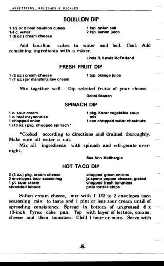 APPETIZERS. RELISHES & PICKLES
BOUILLON DIP

1 1/2 or 2 beef bouillon cubes 1 tsp. onion salt
1/4 c. water 2 tsp. lemon Juice
1 (8 oz.) cream cheese
Add bouillon cubes to water and boil. Cool. Add
remaining ingredients with a mixer.
Linda R. Lewis McFarland
FRESH FRUIT DIP
1 (8 Oz.) cream cheese 1 tsp. orange Juice
1 (7 Oz.) Jar marshmallow cream
Mix together well. Dip selected fruits of your choice.
Debbl Braden
SPINACH DIP
1 c. sour cream 1 pkg. Knorr vegetable soup
1 c. real mayonnaise mix
1 chopped onion 1 can chopped water chestnuts
1 (10 oz.) pkg. chopped spinach *
*Cooked according to directions and drained thoroughly.
Make sure all water is out.
Mix all ingredients with spinach and refrigerate over­
night.
Sue Ann Mcllhargle
HOT TACO DIP
2 (8 Oz.) pkg. cream cheese chopped green onions
2 envelopes taco seasoning jalapeno pepper cheese, grated
1 pl sour cream chopped fresh tomatoes
shredded lettuce plain tortilla chips
Soften cream cheese, mix with 1 1/2 to 2 envelopes taco
seasoning mix to taste and 1 pint or less sour cream until of
spreading consistency. Spread in bottom of ungreased 8 x
13-inch Pyrex cake pan. Top with layer of lettuce, onions,
cheese and then tomatoes. Chill 1 hour or more. Serve with
-6­
 
