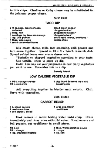 APPETIZERS. RELISHES & PICKLES
tortilla chips. Cheddar or Colby cheese may be substituted for
the jalapeno pepper cheese.
Karen Black
TACO DIP
2 (8 oz.) pkg. cream cheese, diced green pepper
softened chopped onion *
2 Tbsp. milk chopped tomatoes *
1 envelope dry taco seasonings chopped olives *
2 tsp. chill powder small head lettuce, shredded *
1 Tbsp. taco sauce tortilla chips
1 small can refrled beans
Mix cream cheese, milk, taco seasoning, chili powder and
taco sauce together. Spread in 13 x 9 x 2-inch casserole dish.
Spread refried beans over cream cheese mix.
*Sprinkle on chopped vegetables according to your taste.

Use tortilla chips to scoop up dip.

Note: You may use your judgement on how many vegetables

you want to use. Remember this is a dip.
Beverly Friend
lOW CALORIE VEGETABLE DIP
1 1/3 c. cottage cheese 1 pkg. Good Seasons dry salad
112 Co skim milk dressing mix
Add everything together in blender until smooth. Chill.
Serve with vegetables.
Debbi Braden
CARROT RELISH
4 c. sliced carrots 1 large pkg. frozen
2 medium onions cauliflower
1 bell pepper, sliced
Cook carrots in salted boiling water until crisp. Drain
immediately and rinse once with cold water. Sliced onions and
bell peppers, cut cauliflower in small pieces.
1/3 c. 011 1 Tbsp. Worcestershlre sauce
213 c. vinegar 1 Co sugar
1 tsp. prepared mustard 1 tsp. salt
112287 -7­
 