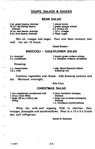 SOUPS, SALADS & SAUCES

BEAN SALAD

2 qt. green beans, drained 1 sliced onion
16 oz. red kidney beans, 1 green pepper sliced
drained 3 c. Crisco oil
16 oz. wax beans, drained 1 112 c. Vinegar
8 oz. lima beans, drained 5 Tbsp. sugar
Mix oil, vinegar and sugar. Pour over bean mixture, mix
well. Let set 12 hours.
Debbl Braden
BROCCOLI - CAULIFLOWER SALAD
2 c. broccoli 1 bunch green onions w/tops
2 c. cauliflower 1 c. Cheddar cheese, shredded
Dressing:
1 c. mayonnaise 1 pkg. Good seasons italian
1/3 c. milk dressing mix
Combine vegetables and cheese. Add dressing mixture and
stir. Marinate overnight.
Ellie Trout
CHRISTMAS SALAD
1 can sweetened condensed milk 2 cans mandarin oranges,
1 (9 oz.) Cool Whip
1 large (30 oz.) cher
filling
ry pie
drained
1 large can crushed pineapple
drained
1 Co miniature marshmallows
,
Whip the milk and topping. Fold in cherries, then
oranges, pineapple and marshmallows. Pour in a 15 x 8 x 2-inch
pan and refrigerate.
Karen R. Goswick
112287 .11.
 