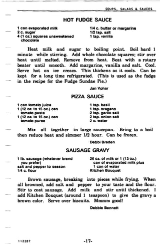 SOUPS~ SALADS & SAUCES
HOT FUDGE SAUCE

1 can evaporated mHk 1/4 c. butter or margarine
2 c. sugar 1/2 tsp. salt
4 (1 oz.) squares unsweetened 1 tap. vanilla
chocolate
Heat milk and sugar to boiling point. Boil hard 1
minute while stirring. Add whole chocolate squares; stir over
heat until melted. Remove from heat. Beat with a rotary
beater until smooth. Add margarine, vanilla and salt. Cool.
Serve hot on ice cream. This thickens as it cools. Can be
kept for a long time refrigerated. (This is used as the fudge
in the recipe for the Fudge Sundae Pie.)
Jan Vohar
PIZZA SAUCE
1 can tomato juice 1 tap. basil
1 (12 oz. to 15 Oz.) can 1 tap. oregano
tomato paste 2 tap. garlic salt
1 (12 oz. to 15 Oz.) can 2 tap. onion salt
tomato puree 2 c. water
Mix all together in large saucepan. Bring to a boil
then reduce heat and simmer 1/2 hour. Can be frozen.
Debbl Braden
SAUSAGE GRAVY
1 lb. sausage (whatever brand 26 oz. of milk or 1 (13 oz.)
you prefer) can of evaporated milk piUS
salt and pepper to season 1 can of water
1/4 c. flour Kitchen Bouquet
Brown sausage, breaking into pieces while frying. When
all browned, add salt and pepper to your taste and the flour.
Stir to coat sausage. Add milk and stir until thickened. I
add Kitchen Bouquet (around 1 teaspoon) to give the gravy a
brown color. Serve over biscuits. Mmmm good!
Debbie Bennett
112287 -17­
 