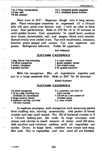 - - - -----_._----------
VEGETABLES
1 to 2 Tbsp. horseradish 1/2 c. chopped green peppers
1/4 tap. salt 1/2 c. chopped green onions
1/8 tsp. pepper
Heat oven to 375
0
Separate dough into 4 long rectan­•
gles. Place rectangles crosswise in ungreased 15 x 100inch
jelly roll pan; press over bottom and 1 inch up sides to form
crust. Seal perforations. Bake at 375°for 14 to 19 minutes or
until golden brown. Cool completely. In small bowl, combine
sour cream, horseradish, salt and pepper, blend until smooth.
Spread evenly over cooled crust. Top with mushrooms, tomatoes,
broccoli, green pepper and onions. Cut into appetizer size
pieces. Refrigerate leftovers. Yields 60 appetizers.
Ann Atkinson
ZUCCHINI CASSEROLE
1 pkg. Stove Top dressing
1/2 stick margarine
1 onion, chopped
3 grated carrots
1 c. sour cream
1 green pepper, diced
1 can cream soup
2 lb. grated zucchini
Melt the margarine. Mix all ingredients together and
put in a large casserole dish. Bake at 350
0
for 30 minutes.
Eileen Dunham
ZUCCHINI CASSEROLE
1/2 stick margarine 4 c. zucchini, cut into 1/4
1 (6 oz.) pkg. stuffing mix inch rounds
(chicken or cornbread) 1 (103/4 oz.) can cream of
2 large onions, diced chicken soup
5 medium carrots, cut Into 1 c. sour cream
1/4-lnch rounds
In medium saucepan, melt margarine with seasoning packet
from stuffing mix, stirring occasionally. Add packet of bread
crumbs and toss until coated. Put 2/3 of buttered crumbs in 9
x 13-inch baking pan. Set aside. In large saucepan cook
onions and carrots in small amount of water until 2/3 done.
Add zucchini and continue cooking until all vegetables are
tender. Drain. In large bowl. combine sour cream and soup.
Mix well. Stir in vegetables and mix until all are blended.
112287 -45­
 