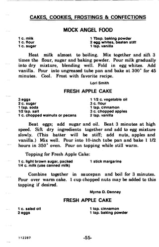 CAKES, COOKIES, FROSTINGS & CONFECTIONS

MOCK ANGEL FOOD
1 c. milk
1 c. flour
1 c. sugar
1 Tbsp. baking powder
2 egg whites, beaten stiff
1 tsp. vanilla
Heat
times the
milk almost to boiling. Mix together and sift 3
flour, sugar and baking powder. Pour milk gradually
into dry mixture, blending well. Fold in egg whites. Add
vanilla. Pour into ungreased tube pan and bake at 300· for 45
minutes. Cool. Frost with favorite recipe.
Lori Smith
FRESH APPLE CAKE
3 eggs 1 1/2 c. vegetable oil
2 c. sugar 3 c. flour
1 tsp. soda 1 tsp. cinnamon
112 tsp. salt 3 c. chopped apples
1 c. chopped walnuts or pecans 2 tsp. vanilla
Beat eggs; add sugar and oil. Beat 3 minutes at high
speed. Sift dry ingredients together and add to egg mixture
slowly. (This batter will be stiff; add nuts, apples and
vanilla.) Mix well. Pour into to-inch tube pan and bake 1 1/2
hours in 350· oven. Pour on topping while still warm.
Topping for Fresh Apple Cake:
1 c. light brown sugar, packed 1 stick margarine
1/4 c. milk (use canned milk)
Combine together in saucepan and boil for 3 minutes.
Pour over warm cake. 1 cup chopped nuts may be added to this
topping if desired.
Myrna D. Denney
FRESH APPLE CAKE
1 c. salad 011 1 tsp. cinnamon
2 eggs 1 tsp. baking powder
112287 -55­
 