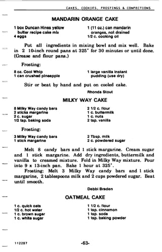 CAKES, COOKIES, FROSTINGS & CONFECTIONS
MANDARIN ORANGE CAKE
1 box Duncan Hines yellow 1 (11 oz.) can mandarin
butter recipe cake mix oranges. not drained
4 eggs 1/2 c. cooking oil
Put all ingredients in mixing bowl and mix well. Bake
in 2 10-inch round pans at 3250
for 30 minutes or until done.
(Grease and flour pans.)
Frosting:
8 oz. Cool Whip 1 large vanilla Instant
1 can crushed pineapple pUdding (use dry)
Stir or beat by hand and put on cooled cake.
Rhonda Stout
MILKY WAY CAKE
8 Milky Way candy bars 2 1/2 c. flour
2 sticks margarine 1 c. buttermilk
2 c. sugar 1 c. nuts
112 tsp. baking soda 2 tsp. vanilla
Frosting:
3 Milky Way candy bars 2 Tbsp. milk
1 stick margarine 2 c. powdered sugar
Melt 8 candy bars and 1 stick margarine. Cream sugar
and 1 stick margarine. Add dry ingredients, buttennilk and
vanilla to creamed mixture. Fold in Milky Way mixture. Pour
into 9 x 13-inch pan. Bake 1 hour at 325
0
•
Frosting: Melt 3 Milky Way candy bars and 1 stick
margarine, 2 tablespoons milk and 2 cups powdered sugar. Beat
until smooth.
Debbi Braden
OATMEAL CAKE
1 c. quick oats 1 1/2 c. flour
112 c. hot water 1 tsp. cinnamon
1 c. brown sugar 1 tsp. soda
1 c. white sugar 1 tsp. baking powder
112281 -63­
 