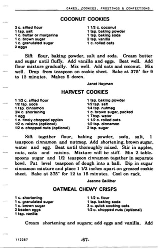 CAKES. fOOKIES. FROSTINGS & CONFECTIONS
COCONUT COOKIES

2 c. sifted flour 1 1/2 c. coconut
1 tsp. salt 1 tsp. baking powder
1 c. butter or margarine 1 tsp. baking soda
1 c. brown sugar 2 tsp. vanilla
1 c. granulated sugar 1 c. rolled oats
2 eggs
Sift flour, baking powder, salt and soda. Cream butter
and sugar until fluffy. Add vanilla and eggs. Beat well. Add
flour mixture gradually. Mix well. Add oats and coconut. Mix
well. Drop from teaspoon on cookie sheet. Bake at 375" for 9
to 12 minutes. Makes 5 dozen.
Janet Hayman
HARVEST COOKIES
1 1/2 c. sifted flour 1 tsp. baking powder
1/2 tsp. soda 1/2 tsp. salt
1 tsp. cinnamon 1/4 tsp. nubneg
314 c. shortening 1 c. brown sugar, packed
1 egg 1 Tbsp. water
1 c. finely chopped apples 1 1/2 c. rolled oats
1/2 Co raisins (optional) 1/2 tsp. cinnamon
1/2 c. chopped nuts (optional) 2 tsp. sugar
Sift together flour, baking powder, soda, salt, 1
teaspoon cinnamon and nutmeg. Add shortening, brown sugar,
water and egg. Beat until thoroughly mixed. Stir in apples,
nuts, oats and raisins. Mixture will be stiff. Mix 2 table­
spoons sugar and 1/2 teaspoon cinnamon together in separate
bowl. Pat level teaspoon of dough into a ball. Dip in sugar
cinnamon mixture and place 1 1/2 inches apart on greased cookie
sheet. Bake at 375" for 12 to 15 minutes. Coolon rack.
Jeanne Galliher
OATMEAL CHEWY CRISPS
1 c. shortening 1 1/2 c. flour
1 c. granUlated sugar 1 tsp. baking soda
1 c. brown sugar 3 c. quick cooking oats
2 beaten eggs 1/2 c. chopped nuts (optional)
1 tsp. vanilla
Cream shortening and sugars; add eggs and vanilla. Add
112287 -67­
 