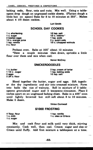 CAKES. COOKIES. FROSTINGS & CONfECTIONS
baking soda. flour. oats and nuts. Mix well. Using a table­
spoon drop dough on ungreased cookie sheets. (Flatten dough a
little but on spoon) Bake for 8 to 10 minutes at 350·. Makes
about 4 1/2 dozen cookies.
Lori Smith
SCHOOL DAY COOKIES
1 Co shortening 1/2 tsp. salt
1 Co sugar 1/2 Co raisins *
2 beaten eggs 1 tsp. soda
1/4 c. orange Juice 2 C. quick oats
1 tsp. vanilla 1/2 c. chopped walnuts
2 c. flour
Preheat oven. Bake at 325· about 12 minutes
*Stew a couple minutes then drain. sprinkle a little
flour over them and mix when cool.
Honor McCray
SNICKERDOODLES
1 Co butter 2 tsp. cream of tartar
1 112 c . sugar 1 tsp. baking soda
2 eggs 1/2 tsp. salt
2 314 Co flour
Blend together the butter. sugar and eggs. Sift togeth­
er the dry ingredients and stir into creamed mixture. Form
into balls the size of walnuts. Roll in mixture of 2 table- -­
spoons granulated sugar and 2 teaspoons cinnamon. Place 2
inches apart on an ungreased baking sheet. Bake in a 400· oven
until lightly browned but still soft about 8 to 10 minutes. -­
Make 5 dozen.
Vivian Cornwell
$1000 FROSTING
4 Tbsp. flour 1 tsp. vanNie
1 c. milk 1 c. oleo or Crisco
1 c. sugar
Mix and cook flour and milk until very thick. stirring
constantly. Cook well, then cool. Cream sugar and oleo or
Crisco until fluffy. Add first mixture a tablespoon at a time.
-68­
 