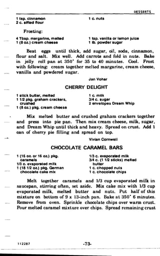 DESSERTS
1 tsp. cinnamon 1 c. nuts
2 c. sifted flour
Frosting:
4 Tbsp. margarine, melted 1 tsp. vanilla or lemon juice
1 (8 oz.) cream cheese 1 lb. powder sugar
Beat eggs until thick, add sugar, oil, soda, cinnamon,
flour and salt. Mix well. Add carrots and fold in nuts. Bake
in jelly roll pan at 350· for 35 to 40 minutes. Cool. Frost
with following: cream together melted margarine, cream cheese,
vanilla and powdered sugar.
Jan Vohar
CHERRY DELIGHT
1 stick butter, melted 1 c. milk
11/2 pkg. graham crackers, 3/4 c. sugar
crushed 2 envelopes Dream Whip
1 (8 oz.) pkg. cream cheese
Mix melted butter and crushed graham crackers together
and press into pie pan. Then mix cream cheese, milk, sugar,
and Dream Whip until thick and heavy. Spread on crust. Add 1
can of cherry pie filling and spread on top.
Vivian Cornwell
CHOCOLATE CARAMEL BARS
1 (15 oz. or 16 Oz.) pkg. 1/3 c. evaporated milk
caramels 3/4 c. (1 1/2 sticks) melted
1/3 Co evaporated milk butter
1 (18 1/2 Oz.) pkg. German 1 c. Chopped nuts
chocolate cake mix 1 c. chocolate Chips
Melt together caramels and 1/3 cup evaporated milk in
saucepan, stirring often, set aside. Mix cake mix with 1/3 cup
evaporated milk, melted butter and nuts. Put half of this
mixture on bottom of 9 x 13-inch pan. Bake at 350· 6 minutes.
Remove from oven. Sprinkle chocolate chips over warm crust.
Pour melted caramel mixture over chips. Spread remaining crust
112287 -73­
 