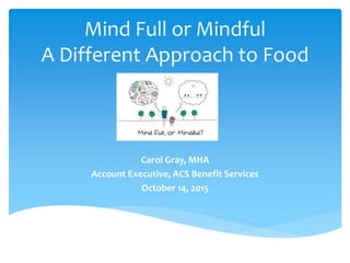Mind Full or Mindful
A Different Approach to Food
Carol Gray, MHA
Account Executive, ACS Benefit Services
October 14, 2015
 