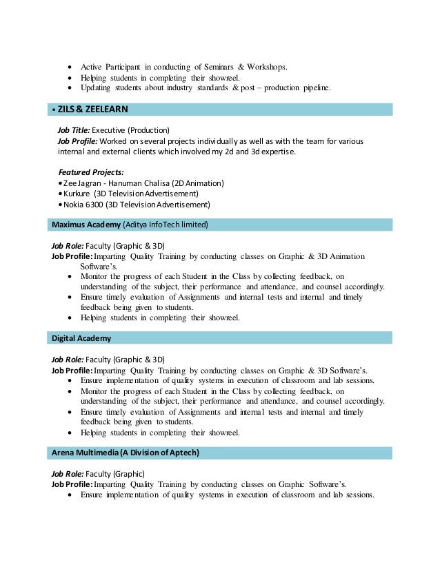 animation resume job description