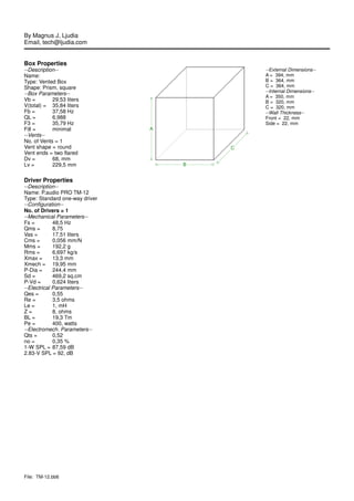 File: TM-12.bb6
By Magnus J, Ljudia
Email, tech@ljudia.com
Box Properties
--Description--
Name:
Type: Vented Box
Shape: Prism, square
--Box Parameters--
Vb = 29,53 liters
V(total) = 35,84 liters
Fb = 37,58 Hz
QL = 6,988
F3 = 35,79 Hz
Fill = minimal
--Vents--
No. of Vents = 1
Vent shape = round
Vent ends = two flared
Dv = 68, mm
Lv = 229,5 mm
A
B
C
--External Dimensions--
A = 394, mm
B = 364, mm
C = 364, mm
--Internal Dimensions--
A = 350, mm
B = 320, mm
C = 320, mm
--Wall Thickness--
Front = 22, mm
Side = 22, mm
Driver Properties
--Description--
Name: P.audio PRO TM-12
Type: Standard one-way driver
--Configuration--
No. of Drivers = 1
--Mechanical Parameters--
Fs = 48,5 Hz
Qms = 8,75
Vas = 17,51 liters
Cms = 0,056 mm/N
Mms = 192,2 g
Rms = 6,697 kg/s
Xmax = 13,3 mm
Xmech = 19,95 mm
P-Dia = 244,4 mm
Sd = 469,2 sq.cm
P-Vd = 0,624 liters
--Electrical Parameters--
Qes = 0,55
Re = 3,5 ohms
Le = 1, mH
Z = 8, ohms
BL = 19,3 Tm
Pe = 400, watts
--Electromech. Parameters--
Qts = 0,52
no = 0,35 %
1-W SPL = 87,59 dB
2.83-V SPL = 92, dB
 