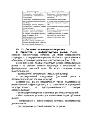 Рис. 9.1. Достоинства и недостатки рынка
2. Структура и инфраструктура рынка. Рынок –
сложное экономическое явление. Он имеет определенную
структуру, т. е. внутреннее строение. Чтобы его лучше понять и
объяснить, используют различные классификации (рис. 9.2).
В экономической теории существует особая классификация
рынка – по степени влияния продавцов и покупателей на
формирование рыночной цены. По этому критерию можно
выделить рынки:
– совершенной конкуренции (идеальный рынок);
– несовершенной конкуренции (реальный рынок с
различной степенью влияния на цену).
Современный рынок предполагает также существование
разветвленной инфраструктуры, т. е. совокупности учреждений
государственного и предпринимательского сектора,
обеспечивающих:
– реализацию интересов участников рыночных отношений;
– благоприятные условия для выполнения задач субъектов
рынка;
– юридический и экономический контроль хозяйственной
деятельности;
– регулирование деловой активности на рынке.
 