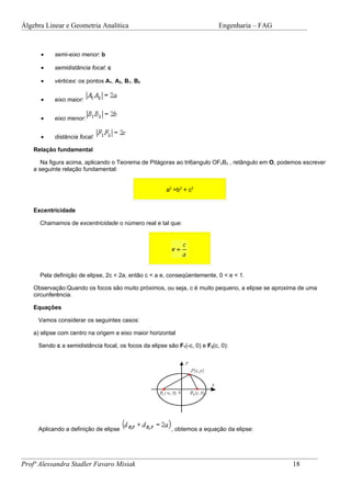 Álgebra Linear e Geometria Analítica                                        Engenharia – FAG



      •     semi-eixo menor: b

      •     semidistância focal: c

      •     vértices: os pontos A1, A2, B1, B2


      •     eixo maior:


      •     eixo menor:


      •     distância focal:

    Relação fundamental

       Na figura acima, aplicando o Teorema de Pitágoras ao tri6angulo OF2B2 , retângulo em O, podemos escrever
    a seguinte relação fundamental:


                                                       a2 =b2 + c2


    Excentricidade

      Chamamos de excentricidade o número real e tal que:




      Pela definição de elipse, 2c < 2a, então c < a e, conseqüentemente, 0 < e < 1.

    Observação:Quando os focos são muito próximos, ou seja, c é muito pequeno, a elipse se aproxima de uma
    circunferência.

    Equações

     Vamos considerar os seguintes casos:

    a) elipse com centro na origem e eixo maior horizontal

     Sendo c a semidistância focal, os focos da elipse são F1(-c, 0) e F2(c, 0):




     Aplicando a definição de elipse                     , obtemos a equação da elipse:




Profª Alessandra Stadler Favaro Misiak                                                            18
 