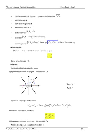 Álgebra Linear e Geometria Analítica                                 Engenharia – FAG



      •     centro da hipérbole: o ponto O, que é o ponto médio de

      •     semi-eixo real: a

      •     semi-eixo imaginário: b

      •     semidistância focal: c


      •     distância focal:


      •     eixo real:


      •     eixo imaginário:

    Excentricidade

          Chamamos de excentricidade o número real e tal que:




      Como c > a, temos e > 1.

    Equações

     Vamos considerar os seguintes casos:

    a) hipérbole com centro na origem e focos no eixo Ox




                                                                            F1 (-c, 0)

                                                                            F2 ( c, 0)




      Aplicando a definição de hipérbole:




    Obtemos a equação da hipérbole:




    b) hipérbole com centro na origem e focos no eixo Oy

      Nessas condições, a equação da hipérbole é:

Profª Alessandra Stadler Favaro Misiak                                                   23
 