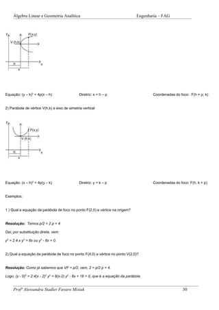 Álgebra Linear e Geometria Analítica                                           Engenharia – FAG




Equação: (y – k)2 = 4p(x – h)                  Diretriz: x = h – p                         Coordenadas do foco: F(h + p, k)


2) Parábola de vértice V(h,k) e eixo de simetria vertical




Equação: (x – h)2 = 4p(y – k)                  Diretriz: y = k – p                         Coordenadas do foco: F(h, k + p)


Exemplos:


1 ) Qual a equação da parábola de foco no ponto F(2,0) e vértice na origem?


Resolução: Temos p/2 = 2 p = 4

Daí, por substituição direta, vem:

y2 = 2.4.x y2 = 8x ou y2 - 8x = 0.


2) Qual a equação da parábola de foco no ponto F(4,0) e vértice no ponto V(2,0)?


Resolução: Como já sabemos que VF = p/2, vem, 2 = p/2 p = 4.

Logo, (y - 0)2 = 2.4(x - 2)2 y2 = 8(x-2) y2 - 8x + 16 = 0, que é a equação da parábola.


     Profª Alessandra Stadler Favaro Misiak                                                                 30
 