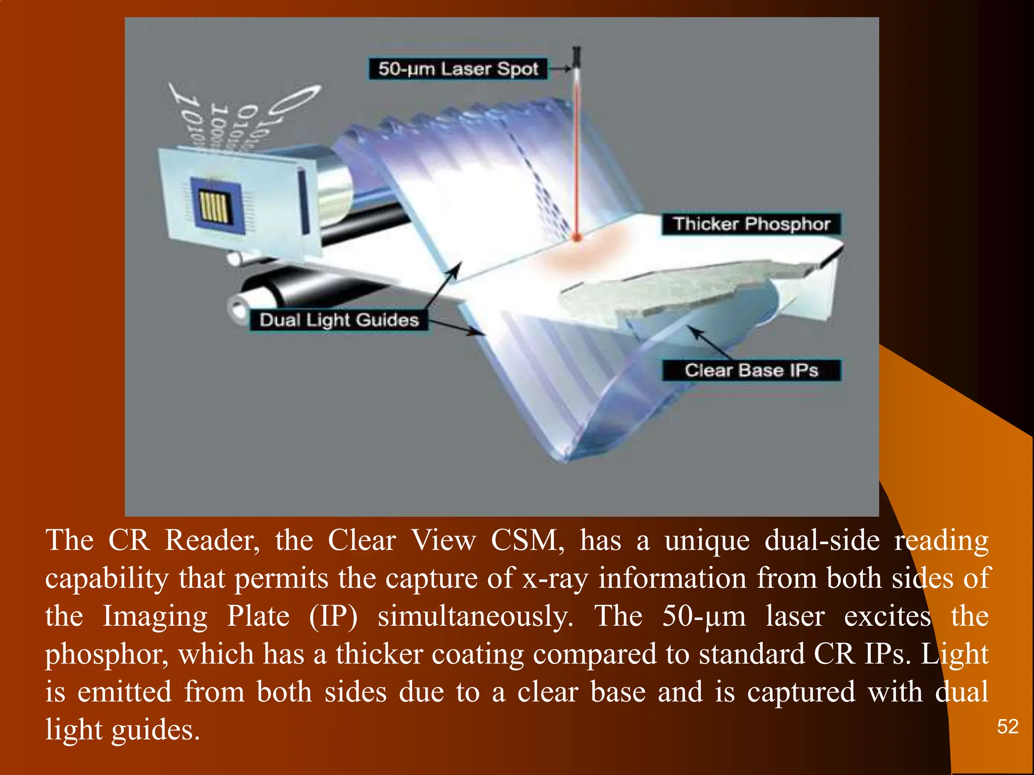 The CR Reader, the Clear View CSM, has a unique dual-side reading
capability that permits the capture of x-ray information from both sides of
the Imaging Plate (IP) simultaneously. The 50-µm laser excites the
phosphor, which has a thicker coating compared to standard CR IPs. Light
is emitted from both sides due to a clear base and is captured with dual
light guides. 52
 