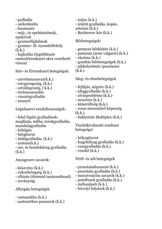 - puffadás
- székrekedés
- hasmenés
- máj-, és epebántalmak,
epekövek
- gyomorfájdalmak
- gyomor- ill. nyombélfekély
(k.k.)
- hajhullás (legtöbbször
emésztőrendszeri okra vezethető
vissza)
Szív- és Érrendszeri betegségek:
- szívritmuszavar(k.k.)
- szívgyengeség, (k.k.)
- szívidegesség, ( k.k.)
- érelmeszesedés
- visszérgyulladás
- aranyér
Légzőszervi rendellenességek:
- felső légúti gyulladások:
megfázás, nátha, torokgyulladás,
mandulagyulladás
- köhögés
- hörghurut
- tüdőgyulladás, (k.k.)
- asztma(k.k.)
- arc, és homloküreg gyulladás
(k.k.)
Anyagcsere zavarok:
- köszvény (k.k.)
- cukorbetegség (k.k.)
- elhízás (életmód tanácsadással)
- soványság
Allergiás betegségek
- szénanátha (k.k.)
- asztmatikus panaszok (k.k.)
- isiász (k.k.)
- izületi gyulladás, kopás,
artrózis (k.k.)
- Bechterew kór (k.k.)
Bőrbetegségek:
- gennyes bőrkiütés (k.k.)
- pattanás (acne vulgaris) (k.k.)
- ekcéma (k.k.)
- gombás bőrbetegségek (k.k.)
- pikkelysömör (psoriasis)
(k.k.)
Ideg- és elmebetegségek
- fejfájás, migrén (k.k.)
- ideggyulladás (k.k.)
- alvásprobléma (k.k.)
- neurózis (k.k.)
- kimerültség (k.k.)
- rossz stressztűrő képesség
(k.k.)
- Szklerózis Multiplex (k.k.)
Vizeletkiválasztó rendszer
betegségei
- hólyaghurut
- hugyhólyag gyulladás (k.k.)
- vesegyulladás (k.k.)
- vesekő (k.k.)
Férfi- és női betegségek
- prosztataduzzanat (k.k.)
- prosztata gyulladás (k.k.)
- menstruációs zavarok (k.k.)
- petefészek gyulladás (k.k.)
- méhszájseb (k.k.)
- hüvelyi folyások (k.k.)
 