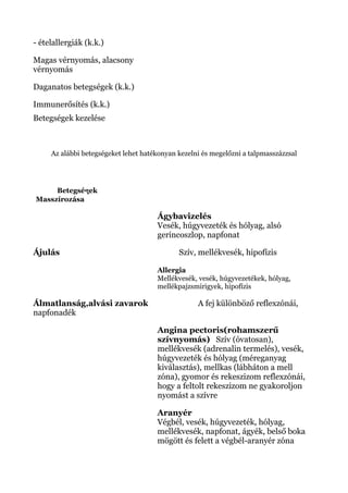 - ételallergiák (k.k.)
Magas vérnyomás, alacsony
vérnyomás
Daganatos betegségek (k.k.)
Immunerősítés (k.k.)
Betegségek kezelése
Az alábbi betegségeket lehet hatékonyan kezelni és megelőzni a talpmasszázzsal
Betegségek
Masszírozása
Ágybavizelés
Vesék, húgyvezeték és hólyag, alsó
gerincoszlop, napfonat
Ájulás Szív, mellékvesék, hipofízis
Allergia
Mellékvesék, vesék, húgyvezetékek, hólyag,
mellékpajzsmirigyek, hipofízis
Álmatlanság,alvási zavarok A fej különböző reflexzónái,
napfonadék
Angina pectoris(rohamszerű
szívnyomás) Szív (óvatosan),
mellékvesék (adrenalin termelés), vesék,
húgyvezeték és hólyag (méreganyag
kiválasztás), mellkas (lábháton a mell
zóna), gyomor és rekeszizom reflexzónái,
hogy a feltolt rekeszizom ne gyakoroljon
nyomást a szívre
Aranyér
Végbél, vesék, húgyvezeték, hólyag,
mellékvesék, napfonat, ágyék, belső boka
mögött és felett a végbél-aranyér zóna
 