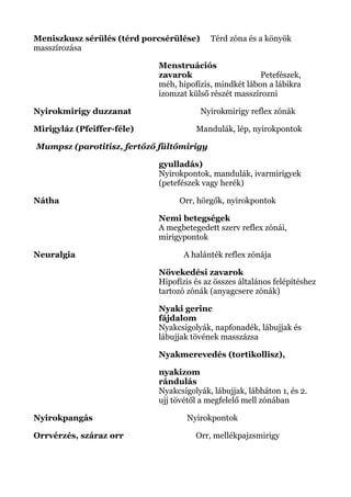 Meniszkusz sérülés (térd porcsérülése) Térd zóna és a könyök
masszírozása
Menstruációs
zavarok Petefészek,
méh, hipofízis, mindkét lábon a lábikra
izomzat külső részét masszírozni
Nyirokmirigy duzzanat Nyirokmirigy reflex zónák
Mirigyláz (Pfeiffer-féle) Mandulák, lép, nyirokpontok
Mumpsz (parotitisz, fertőző fültőmirigy
gyulladás)
Nyirokpontok, mandulák, ivarmirigyek
(petefészek vagy herék)
Nátha Orr, hörgők, nyirokpontok
Nemi betegségek
A megbetegedett szerv reflex zónái,
mirigypontok
Neuralgia A halánték reflex zónája
Növekedési zavarok
Hipofízis és az összes általános felépítéshez
tartozó zónák (anyagcsere zónák)
Nyaki gerinc
fájdalom
Nyakcsigolyák, napfonadék, lábujjak és
lábujjak tövének masszázsa
Nyakmerevedés (tortikollisz),
nyakizom
rándulás
Nyakcsigolyák, lábujjak, lábháton 1, és 2.
ujj tövétől a megfelelő mell zónában
Nyirokpangás Nyirokpontok
Orrvérzés, száraz orr Orr, mellékpajzsmirigy
 