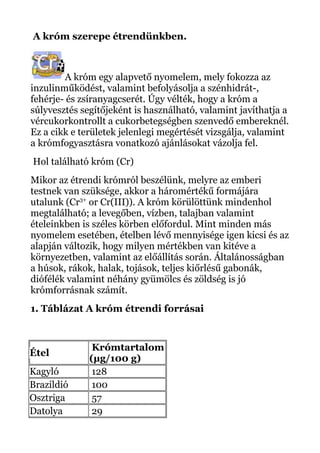 A króm szerepe étrendünkben.
A króm egy alapvető nyomelem, mely fokozza az
inzulinműködést, valamint befolyásolja a szénhidrát-,
fehérje- és zsíranyagcserét. Úgy vélték, hogy a króm a
súlyvesztés segítőjeként is használható, valamint javíthatja a
vércukorkontrollt a cukorbetegségben szenvedő embereknél.
Ez a cikk e területek jelenlegi megértését vizsgálja, valamint
a krómfogyasztásra vonatkozó ajánlásokat vázolja fel.
Hol található króm (Cr)
Mikor az étrendi krómról beszélünk, melyre az emberi
testnek van szüksége, akkor a háromértékű formájára
utalunk (Cr3+
or Cr(III)). A króm körülöttünk mindenhol
megtalálható; a levegőben, vízben, talajban valamint
ételeinkben is széles körben előfordul. Mint minden más
nyomelem esetében, ételben lévő mennyisége igen kicsi és az
alapján változik, hogy milyen mértékben van kitéve a
környezetben, valamint az előállítás során. Általánosságban
a húsok, rákok, halak, tojások, teljes kiőrlésű gabonák,
diófélék valamint néhány gyümölcs és zöldség is jó
krómforrásnak számít.
1. Táblázat A króm étrendi forrásai
Étel
Krómtartalom
(µg/100 g)
Kagyló 128
Brazildió 100
Osztriga 57
Datolya 29
 