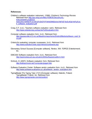 References:
Children’s software evaluation instrument. (1998). Children’s Technology Review.
Retrieved from http://api.ning.com/files/YGI6OCOwuUhumL-
63bL4OabN7uJszEEoI-
AsbLDhu1dW9e7FJLCB12FrZAZ*6*F0kfvD8MZsXcb7IdFdE*6oEvAQs*k4FgFy/c
tr_software_evaluation.pdf
Craig, C.F. (n.d.). Teachers software evaluation rubric. Retrieved from
http://www.celestecraig.us/teacher%20evaluation.htm
Computer software evaluation form. (n.d.). Retrieved from
http://waynesville.k12.mo.us/fileadmin/wps/home/District/Media/software_eval_fo
rm.pdf
Criteria for evaluating computer courseware. (n.d.). Retrieved from
http://www.evalutech.sreb.org/criteria/courseware.asp
Elementary School Success [Computer software]. Renton, WA: TOPICS Entertainment,
Inc.
EMC300: Software evaluation form. (n.d.). Retrieved from
http://seamonkey.ed.asu.edu/emc300/software/evalform.html
Schrock, K. (2007). Software evaluation form. Retrieved from
http://kathyschrock.net/1computer/page4.htm
Software Evaluation Center: Software vendor evaluation form. (n.d.), Retrieved from
http://www.software-evaluation.co.uk/software_vendor_evaluation.htm
TypingMaster Pro Typing Tutor (7.01) [Computer software]. Helsinki, Finland:
TypingMaster Finland, Inc. Retrieved from
http://www.typingmaster.com/education/
 