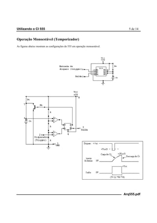 Utilizando o CI 555 5 de 14
Arq555.pdf
Operação Monoestável (Temporizador)
As figuras abaixo mostram as configurações do 555 em operação monoestável.
 