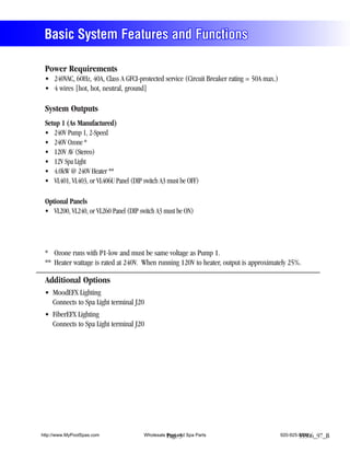 Basic System Features and Functions

 Power Requirements



 System Outputs
 Setup 1 (As Manufactured)




 Optional Panels




 Additional Options




http://www.MyPoolSpas.com    Wholesale Pool and Spa Parts
                                       Page 3               920-925-3094
                                                                    55506_97_B
 