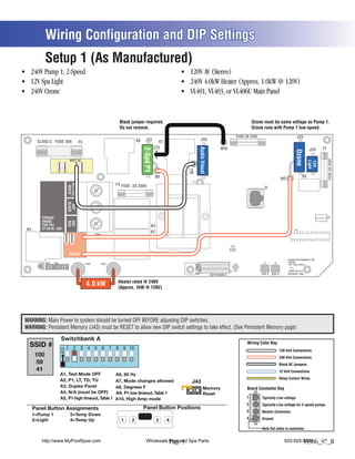 Wiring Configuration and DIP Settings
            Setup 1 (As Manufactured)



                                                                     Black jumper required.                                                                                      Ozone must be same voltage as Pump 1.
                                                                     Do not remove.                                                                                              Ozone runs with Pump 1 low-speed.
                                                                                                                                                                       FUSE 3A 250V                                 J29
       CLASS G FUSE 30A                                                         K6     J23                                           J50
                                          F5                                                            K1
                                                                                                     J73                                                 W10                                                                            F1




                                                                                                                                   Audio Visual
                                                                                     2-Spd P1
                                                                                                                                                                                                                                 J20




                                                                                                                                                                                                                   Ozone



                                                                                                                                                                                                                                             FUSE 3A 250V
                                 WHT AC
                                   T




                                                                                                                                                                                                                                  C
                                                                                                                                                                                                                                Light
                                                                                                                                                                                                                                12V
                                                                                                                                                                                                                        C
                                                                                         C




                                                                                                                                          C




                                                                                                                                                                                                                                  G
                                                                                                                                                                                                                        G
                                                                                                                     W4
                                                                                         G




                                                                                                                                          G
                   J11    J15         J25 J63

                                                                                                     W1                                                                                                                    K5
                                                                                                                                                                                                        W2
                                                                                                                      T1
                                NEUTRAL




                                                                    F4 FUSE .3A 250V
                                 WHITE




                                                                                                                                                                                        J1
                                BLACK
                                 HOT




                                                                                                                                                                                                                                             J18
         TORQUE
         RANGE
                                RED
                                HOT




         FOR TB1:                                                                               K3
K4       27-30 IN. LBS.                                                                                                                                                                                            U4
                                                                                                K2
                                                       TB1
                           J32 J33
                                                                                                                                                                 J43

                                                                                                F2
                                 RED AC
                                                                                                                                                                                                             BALBOA INSTRUMENTS, INC.
                                                                                                                                                                                       J7        J8          VS500Z

            Balboa                              HTR2         HTR1                                                                                                   J6
                                                                                                                           E.GND




                                                                                                                                                                                                             P/N 22972 REV D

                                                                                                                                                                 S1 TST                                       MADE IN U.S.A
                                                                                                                                                  SWITCHBANK A                        SEN. A   SEN. B        COPYRIGHT 2005


                                                                     Heater rated @ 240V
                                                4.0 kW               (Approx. 1kW @ 120V)




WARNING: Main Power to system should be turned OFF BEFORE adjusting DIP switches.
WARNING: Persistent Memory (J43) must be RESET to allow new DIP switch settings to take effect. (See Persistent Memory page)


  SSID #                                                                                                                                                                     Wiring Color Key
                                                                                                                                                                                                        120 Volt Connections
      100                                                                                                                                                                                               240 Volt Connections
      59                                                                                                                                                                                                Black AC Jumpers
      41                                                                                                                                                                                                12 Volt Connections
                     A1, Test Mode OFF
                     A2, Un, LT, TD, TU                                                                                                                                                                 Relay Control Wires
                         P1, P1, TE, LT                             A7, Mode changes allowed                         J43
                                                                                                                                         Memory                              Board Connector Key
                     A4, N/A (must be OFF)        A9, P1-low timeout, Table 1                                                            Reset
                     A5, P1-high timeout, Table 1 A10, High Amp mode                                                                                                         1        Typically Line voltage
                                                                                                                                                                             2        Typically Line voltage for 2-speed pumps
     Panel Button Assignments                                                        Panel Button Positions
                                                                                                                                                                             3        Neutral (Common)
     1=Unused
     1=Pump 1                     3=Temp Down                                                                    1
                                                                                                                                                                             4
     2=Light 1
     2=Pump                       4=Light
                                  4=Temp Up                           1     2                         3      4                                    3                                   Ground
                                                                                                                 4   2
                                                                                                                                                                                      Note flat sides in connector


         http://www.MyPoolSpas.com                                                     Wholesale Pool and Spa Parts
                                                                                                 Page 5                                                                                                    920-925-3094
                                                                                                                                                                                                                   55506_97_B
 