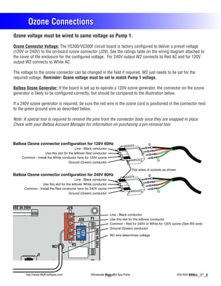 Ozone Connections
Ozone voltage must be wired to same voltage as Pump 1.

Ozone Connector Voltage: The VS300/VS300F circuit board is factory configured to deliver a preset voltage
(120V or 240V) to the on-board ozone connector (J29). See the ratings table on the wiring diagram attached to
the cover of the enclosure for the configured voltage. For 240V output W2 connects to Red AC and for 120V
output W2 connects to White AC.

The voltage to the ozone connector can be changed in the field if required. W2 just needs to be set for the
required voltage. Reminder: Ozone voltage must be set to match Pump 1 voltage.

Balboa Ozone Generator: If the board is set up to operate a 120V ozone generator, the connector on the ozone
generator is likely to be configured correctly, but should be compared to the illustration below.

If a 240V ozone generator is required, be sure the red wire in the ozone cord is positioned in the connector next
to the green ground wire as described below.

Note: A special tool is required to remove the pins from the connector body once they are snapped in place.
Check with your Balboa Account Manager for information on purchasing a pin-removal tool.



Balboa Ozone connector configuration for 120V 60Hz                                                B
                                          Line - Black conductor
                   Use this slot for the leftover Red conductor
     Common - Install the White conductor here for 120V ozone
                                                                                                        G
                                     Ground (Green) conductor

                                                                                       Flat sides of sockets as shown
Balboa Ozone connector configuration for 240V 60Hz                                                B
                                          Line - Black conductor
                  Use this slot for the leftover White conductor
       Common - Install the Red conductor here for 240V ozone
                                                                                                        G
                                      Ground (Green) conductor



USE 3A 250V                         J29
                                                                         Line - Black conductor
                                             J20    F1                   Use this slot for the leftover conductor
                                                                         Common - Red for 240V or White for 120V ozone (See W2 wire)
                                                                         Ground (Green) conductor
                                                          FUSE 3A 250V
                                              W
                                            Light
                                            12V




                                                                         W2 wire determines voltage
                                              W




                                       K5
                          W2

               J1
                                                    J10


        http://www.MyPoolSpas.com                    Wholesale Pool and Spa Parts
                                                               Page 7                                                   920-925-3094
                                                                                                                                55506_97_B
 