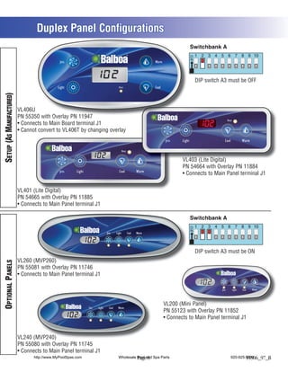 Duplex Panel Configurations

                                             Jets                                                                  Warm



                                                                                                                                          DIP switch A3 must be OFF
                                            Light                                       Heat                       Cool
SETUP (AS MANUFACTURED)




                          VL406U
                          PN 55350 with Overlay PN 11947
                                                                                                                                                            Heat
                           Connects to Main Board terminal J1
                           Cannot convert to VL406T by changing overlay
                                                                                                                          Jets    Light                 Cool               Warm

                                                                                              Heat


                                                                                                                                  VL403 (Lite Digital)
                                                                                                                                  PN 54664 with Overlay PN 11884
                                             Jets     Light                             Cool                Warm
                                                                                                                                   Connects to Main Panel terminal J1


                          VL401 (Lite Digital)
                          PN 54665 with Overlay PN 11885
                           Connects to Main Panel terminal J1




                                                                             Jets     Light          Cool   Warm




                                                                                                                                          DIP switch A3 must be ON
                          VL260 (MVP260)
OPTIONAL PANELS




                          PN 55081 with Overlay PN 11746
                           Connects to Main Panel terminal J1

                                                                                                                                                     Jets          Light   Cool   Warm




                                                                                                                          VL200 (Mini Panel)
                                                              Jets   Light     Cool    Warm
                                                                                                                          PN 55123 with Overlay PN 11852
                                                                                                                           Connects to Main Panel terminal J1


                          VL240 (MVP240)
                                 MVP240)
                          PN 55080 with Overlay PN 11745
                           Connects to Main Panel terminal J1
                                http://www.MyPoolSpas.com                               Wholesale Pool and Spa Parts
                                                                                                  Page 8                                                       920-925-3094
                                                                                                                                                                       55506_97_B
 