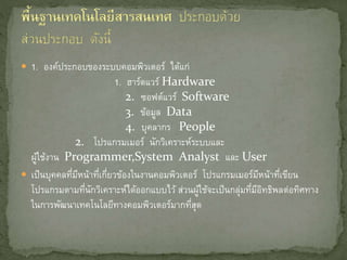 ? 1. ???????????????????????????? ?????? 
1. ?????????Hardware 
2. ????????? Software 
3. ?????? Data 
4. ??????? People 
2. ???????????? ??????????????????? 
????????? Programmer,System Analyst ??? User 
? ????????????????????????????????????????????????????????????????????????? 
??????????????????????????????????????????????????????????????????????????????? 
?????????????????????????????????????????? 
 