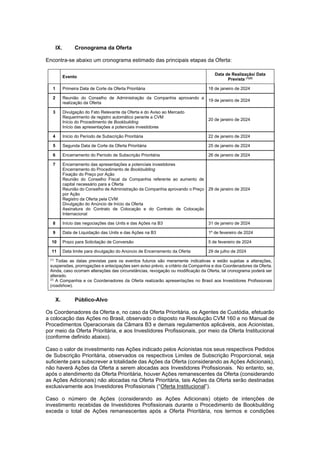 JUR_SP - 50624782v1 - 10865002.525486
IX. Cronograma da Oferta
Encontra-se abaixo um cronograma estimado das principais etapas da Oferta:
Evento
Data de Realização/ Data
Prevista (1)(2)
1 Primeira Data de Corte da Oferta Prioritária 18 de janeiro de 2024
2 Reunião do Conselho de Administração da Companhia aprovando a
realização da Oferta
19 de janeiro de 2024
3 Divulgação do Fato Relevante da Oferta e do Aviso ao Mercado
Requerimento de registro automático perante a CVM
Início do Procedimento de Bookbuilding
Início das apresentações a potenciais investidores
20 de janeiro de 2024
4 Início do Período de Subscrição Prioritária 22 de janeiro de 2024
5 Segunda Data de Corte da Oferta Prioritária 25 de janeiro de 2024
6 Encerramento do Período de Subscrição Prioritária 26 de janeiro de 2024
7 Encerramento das apresentações a potenciais investidores
Encerramento do Procedimento de Bookbuilding
Fixação do Preço por Ação
Reunião do Conselho Fiscal da Companhia referente ao aumento de
capital necessário para a Oferta
Reunião do Conselho de Administração da Companhia aprovando o Preço
por Ação
Registro da Oferta pela CVM
Divulgação do Anúncio de Início da Oferta
Assinatura do Contrato de Colocação e do Contrato de Colocação
Internacional
29 de janeiro de 2024
8 Início das negociações das Units e das Ações na B3 31 de janeiro de 2024
9 Data de Liquidação das Units e das Ações na B3 1º de fevereiro de 2024
10 Prazo para Solicitação de Conversão 5 de fevereiro de 2024
11 Data limite para divulgação do Anúncio de Encerramento da Oferta 29 de julho de 2024
(1)
Todas as datas previstas para os eventos futuros são meramente indicativas e estão sujeitas a alterações,
suspensões, prorrogações e antecipações sem aviso prévio, a critério da Companhia e dos Coordenadores da Oferta.
Ainda, caso ocorram alterações das circunstâncias, revogação ou modificação da Oferta, tal cronograma poderá ser
alterado.
(2)
A Companhia e os Coordenadores da Oferta realizarão apresentações no Brasil aos Investidores Profissionais
(roadshow).
X. Público-Alvo
Os Coordenadores da Oferta e, no caso da Oferta Prioritária, os Agentes de Custódia, efetuarão
a colocação das Ações no Brasil, observado o disposto na Resolução CVM 160 e no Manual de
Procedimentos Operacionais da Câmara B3 e demais regulamentos aplicáveis, aos Acionistas,
por meio da Oferta Prioritária, e aos Investidores Profissionais, por meio da Oferta Institucional
(conforme definido abaixo).
Caso o valor de investimento nas Ações indicado pelos Acionistas nos seus respectivos Pedidos
de Subscrição Prioritária, observados os respectivos Limites de Subscrição Proporcional, seja
suficiente para subscrever a totalidade das Ações da Oferta (considerando as Ações Adicionais),
não haverá Ações da Oferta a serem alocadas aos Investidores Profissionais. No entanto, se,
após o atendimento da Oferta Prioritária, houver Ações remanescentes da Oferta (considerando
as Ações Adicionais) não alocadas na Oferta Prioritária, tais Ações da Oferta serão destinadas
exclusivamente aos Investidores Profissionais (“Oferta Institucional”).
Caso o número de Ações (considerando as Ações Adicionais) objeto de intenções de
investimento recebidas de Investidores Profissionais durante o Procedimento de Bookbuilding
exceda o total de Ações remanescentes após a Oferta Prioritária, nos termos e condições
 