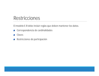 Restricciones
El modelo E-R debe incluir reglas que deben mantener los datos.
Correspondencia de cardinalidades
Claves
Restricciones de participación
 