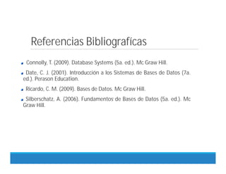 Referencias Bibliografícas
.
Connolly, T. (2009). Database Systems (5a. ed.). Mc Graw Hill.
Date, C. J. (2001). Introducción a los Sistemas de Bases de Datos (7a.
ed.). Perason Education.
Ricardo, C. M. (2009). Bases de Datos. Mc Graw Hill.
Silberschatz, A. (2006). Fundamentos de Bases de Datos (5a. ed.). Mc
Graw Hill.
 