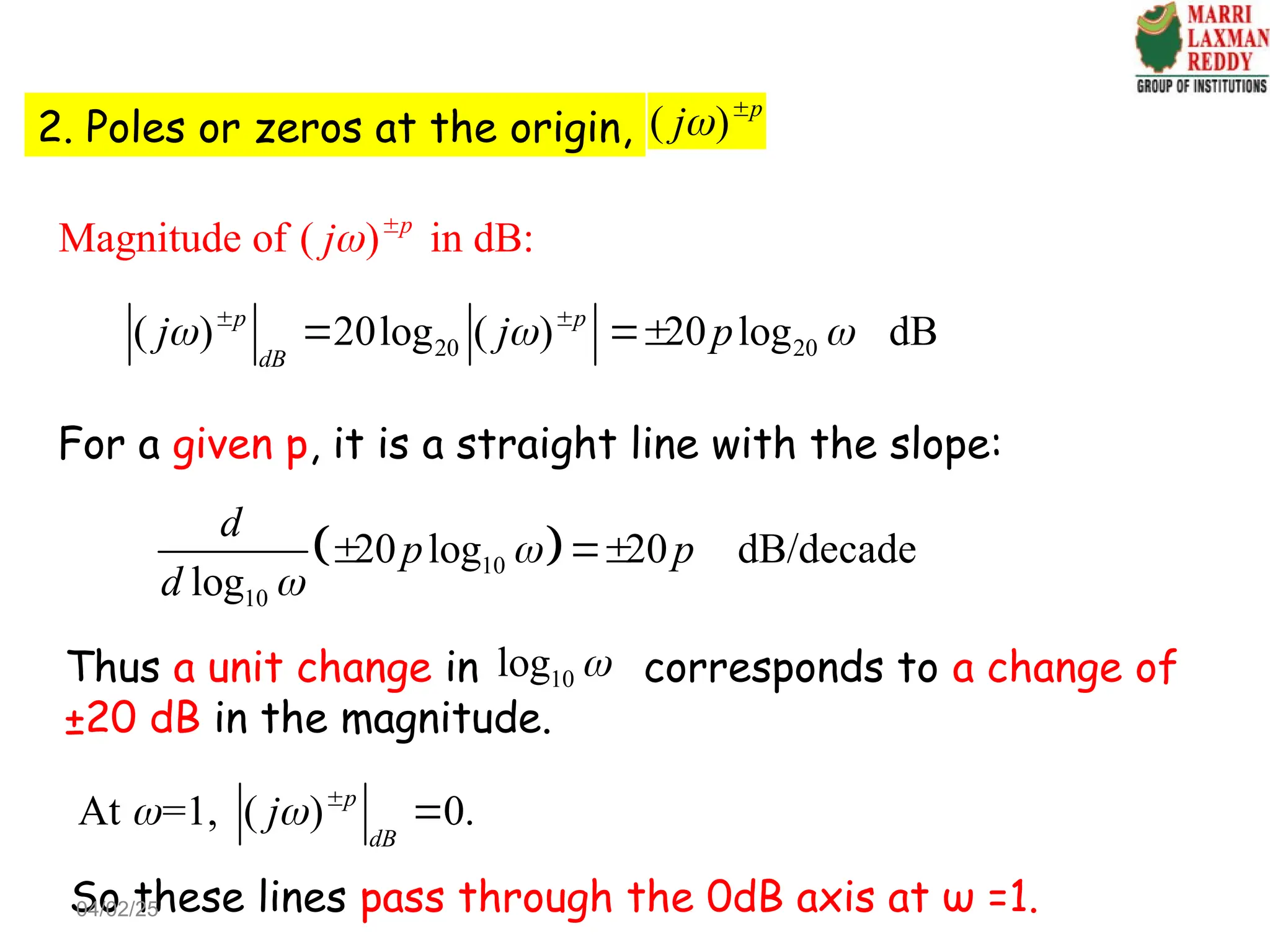 2. Poles or zeros at the origin, ( ) p
j 
Magnitude of ( ) in dB:
p
j 
20 20
( ) 20log ( ) 20 log dB
p p
dB
j j p
  
 
 
For a given p, it is a straight line with the slope:
 
10
10
20 log 20 dB/decade
log
d
p p
d


 
At =1, ( ) 0.
p
dB
j
  

Thus a unit change in corresponds to a change of
±20 dB in the magnitude.
10
log 
So these lines pass through the 0dB axis at ω =1.
04/02/25
 