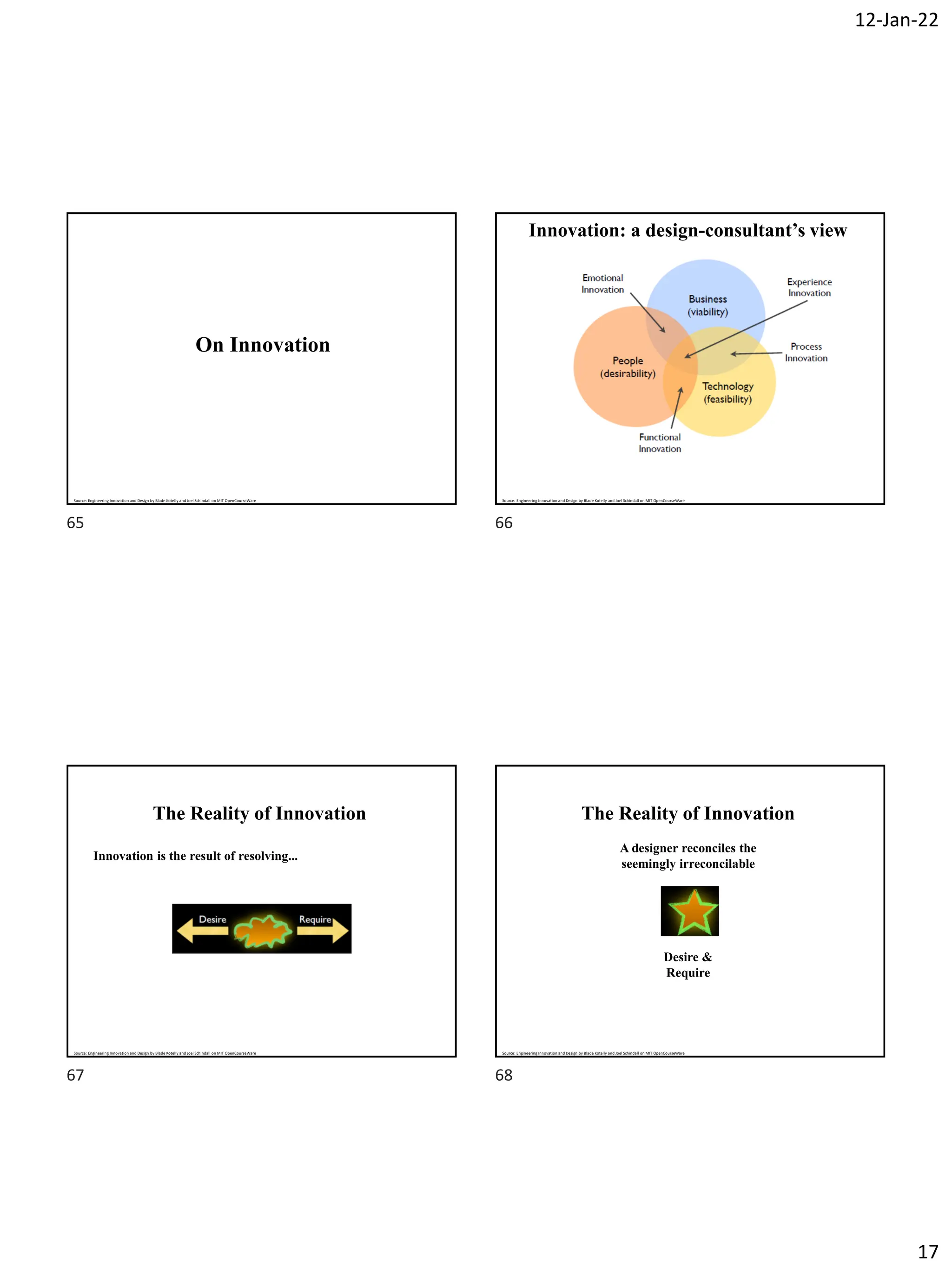 12-Jan-22
17
On Innovation
Source: Engineering Innovation and Design by Blade Kotelly and Joel Schindall on MIT OpenCourseWare
Innovation: a design-consultant’s view
Source: Engineering Innovation and Design by Blade Kotelly and Joel Schindall on MIT OpenCourseWare
The Reality of Innovation
Innovation is the result of resolving...
Source: Engineering Innovation and Design by Blade Kotelly and Joel Schindall on MIT OpenCourseWare
The Reality of Innovation
A designer reconciles the
seemingly irreconcilable
Desire &
Require
Source: Engineering Innovation and Design by Blade Kotelly and Joel Schindall on MIT OpenCourseWare
65 66
67 68
 